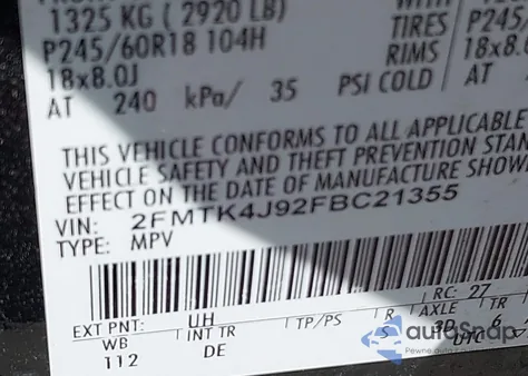 2015 Ford Edge Sel from USA, damaged, VIN 2FMTK4J92FBC21355